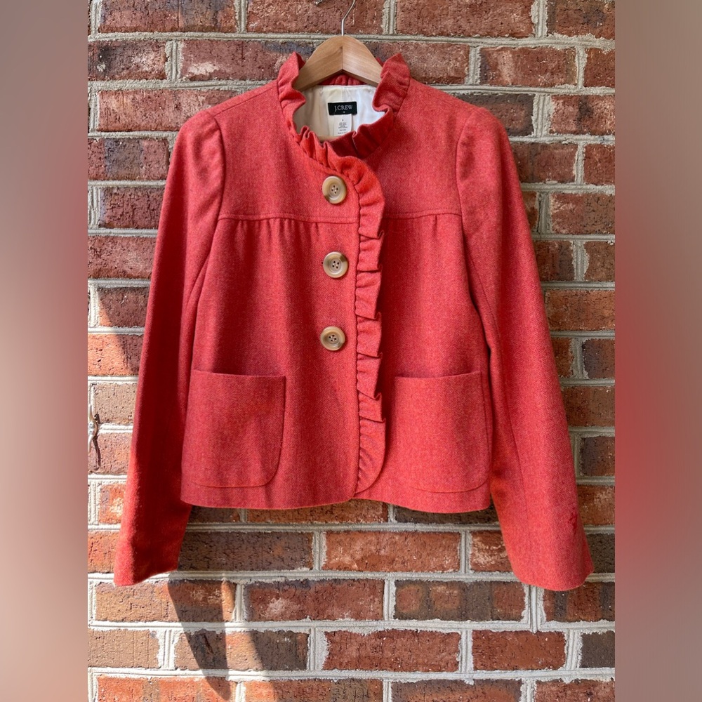 ☀️ J Crew Womens - Size 6 - Ruffled 100% WOOL Orange Tweed Blazer Jacket Cropped